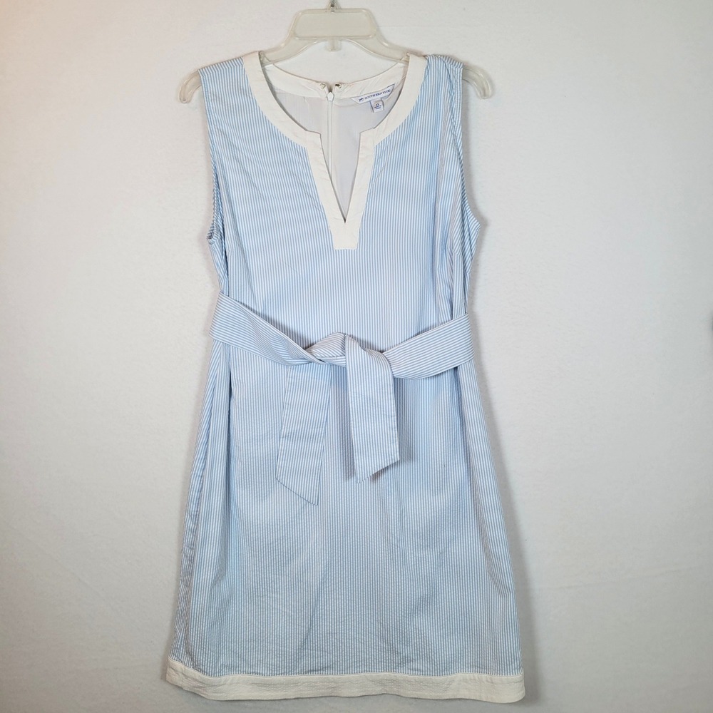 Southern Tide Womens Seersucker Striped Tank Belted Dress Size 12 Blue Preppy